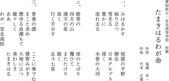 愛知県立一宮北高等学校　校歌 たまきはるわが命